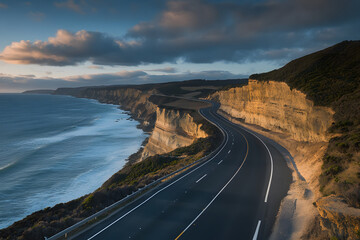 Scenic Coastal Road Winding Along Cliffside with Ocean View