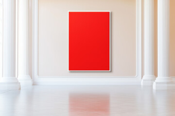 A vibrant red painting on an elegant wall in a minimalistic gallery space, showcasing modern art and simplicity.