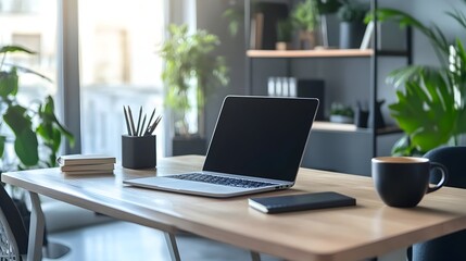 Stylish Workspace Setup with Laptop Notebook and Coffee on Wooden Desk in Modern Office Environment