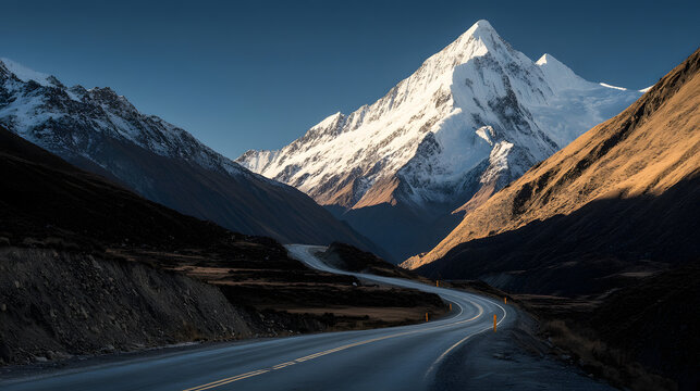 Winding Road Through Snowy Mountain Pass