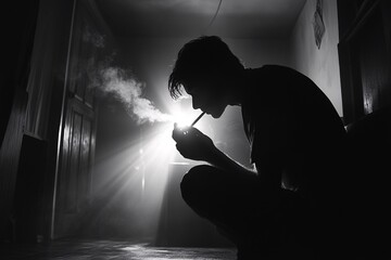 Silhouette of a Man Smoking in a Dark Room