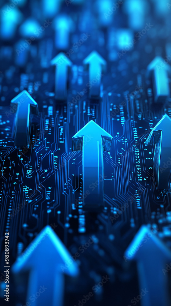 Aufkleber emerging blue up arrows illuminate a circuit board, representing technological advancement and progr