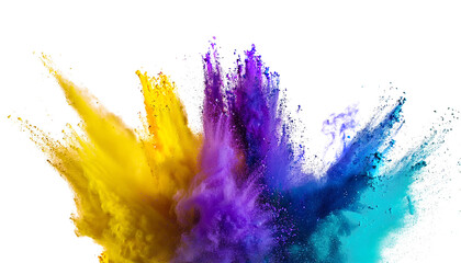 Yellow, purple, blue and teal explosion smoke of holi paint color powder isolated on transparent or...