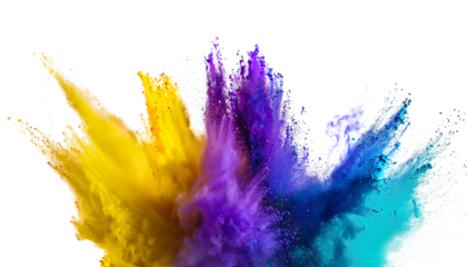 Yellow, purple, blue and teal explosion smoke of holi paint color powder isolated on transparent or white background