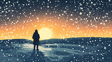 Obraz premium Silhouette of a person standing in snowflakes at sunset in a winter landscape