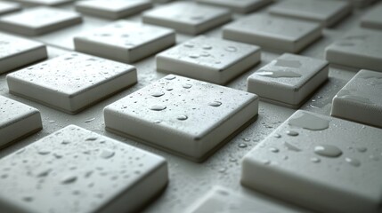 Close-up of a wet keyboard with droplets on the keys.