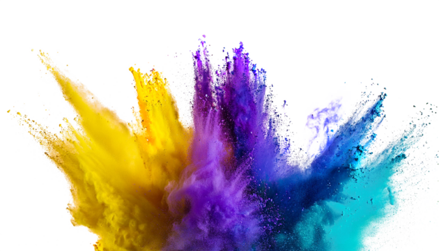 Yellow, purple, blue and teal explosion smoke of holi paint color powder isolated on transparent or white background
