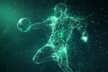 Fototapeta premium Abstract digital blue football player body with polygonal wireframe silhouette and low poly dot anatomy. Technology futuristic soccer man model.