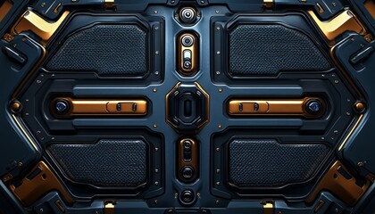 Abstract Futuristic Panel with Gold Trim and Cameras