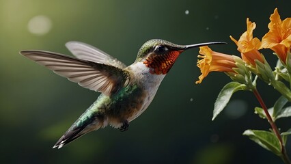 Fototapeta premium A Hummingbird Feeding on Vibrant Orange Flowers in a Lush Garden During Sunny Afternoon Hours