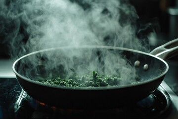 Steaming Green Herbs in Frying Pan