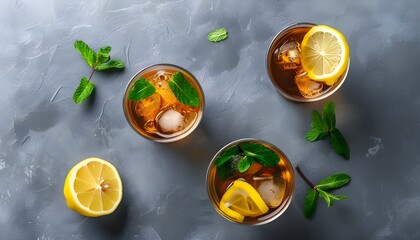 Refreshing iced tea served with lemon wedges and mint leaves on a stylish gray backdrop