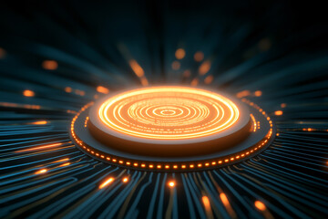 Obraz premium Dynamic abstract design featuring glowing circles and radiant lines, perfect for tech and modern art concepts.