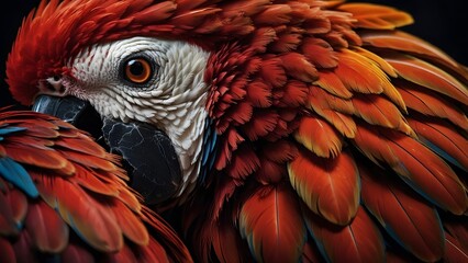 Fototapeta premium Colorful Scarlet Macaw Perched With Vibrant Feathers in a Close-Up Setting on a Dark Background