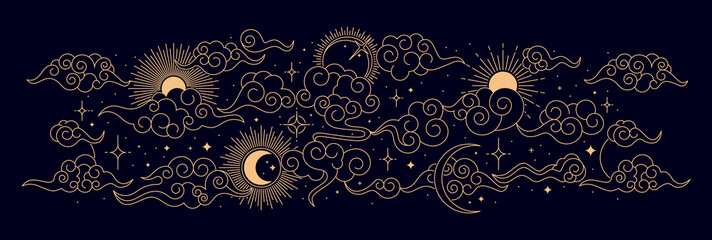 Oriental night star sky border. Vector black ornate Asian background featuring golden celestial stars, clouds, sun and moon. Intricate pattern convey a sense of heavenly mystery, and cosmic elegance