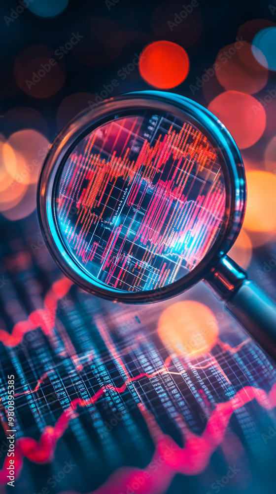 Poster Magnifying glass is zooming in on financial graphs, emphasizing the changing dynamics of the market