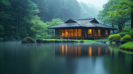 Obraz premium Japanese town house with a magnificent view, Japanese culture and architecture, a life intertwined with nature