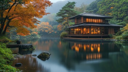 Obraz premium Japanese town house with a magnificent view, Japanese culture and architecture, a life intertwined with nature