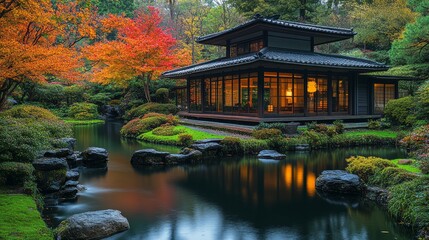 Fototapeta premium Japanese town house with a magnificent view, Japanese culture and architecture, a life intertwined with nature