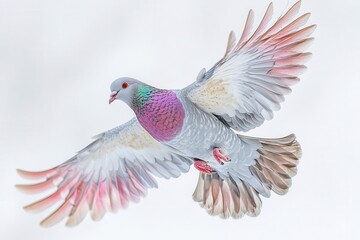 Obraz premium majestic rock pigeon in flight against pure white background detailed feathers capture iridescent neck plumage and powerful wingspan midmotion