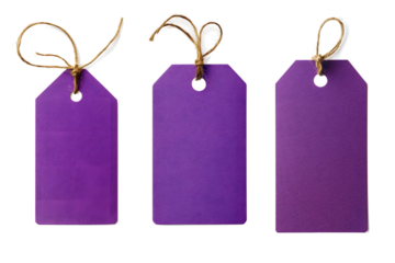 Purple Craft paper tag with twine on white background, product shot, close shot