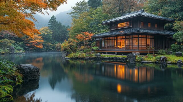 Japanese town house with a magnificent view, Japanese culture and architecture, a life intertwined with nature