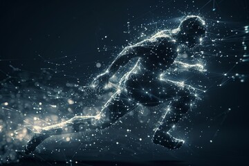 Running athletic man with geometry sprinter, polygonal wireframe, dots. 