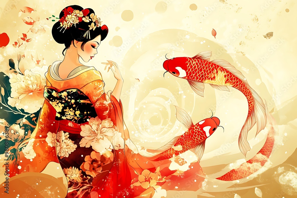 Sticker Japanese Geisha with Koi Fish in a Watercolor Style.