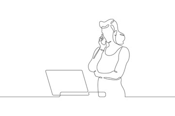 Continuous one line drawing businesswoman talking on the phone. Woman working with laptop. Working on computer. Negotiations. One continuous line isolated minimal illustration.