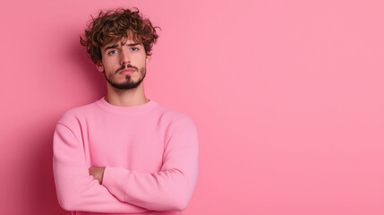 Obraz premium Young man portrait on pink background, curly hair, casual fashion, confident pose, modern style, male model, studio shot, youth, trendy outfit, copy space, minimal aesthetic, stylish lifestyle vibes.