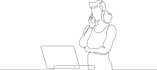 Continuous one line drawing businesswoman talking on the phone. Woman working with laptop. Working on computer. Negotiations. One continuous line isolated minimal illustration.