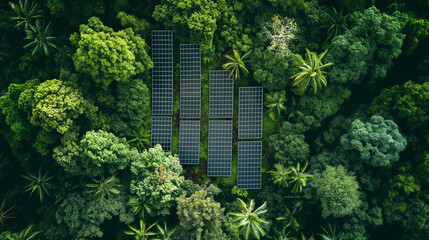 Fototapeta premium Aerial view of solar panels in forest, showcasing innovative design and sustainable green energy production.