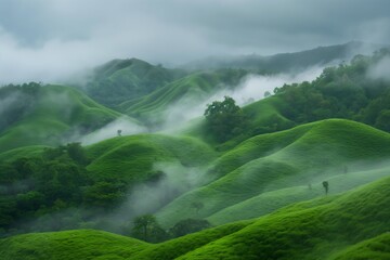 A lush green hillside covered in fog. The foggy atmosphere gives the scene a serene and peaceful mood, as if the landscape is enveloped in a soft, calming embrace