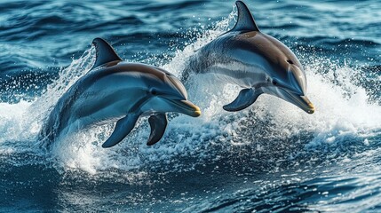 Fototapeta premium Two dolphins leap gracefully through the ocean waves, showcasing their playful and energetic behavior in a vibrant marine setting. 