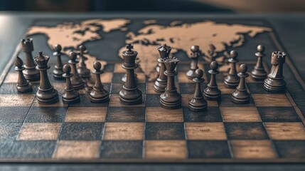 A world map with chess pieces, symbolizing global strategy and competition between companies on a grand chessboard.