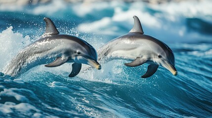 Two dolphins leap gracefully through the ocean waves, showcasing their playful and energetic behavior in a vibrant marine setting.
