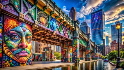 Fototapeta premium Vibrant graffiti art wraps around a city bridge, intricate designs and bold colors blending seamlessly with urban architecture in a stunning cityscape visual.