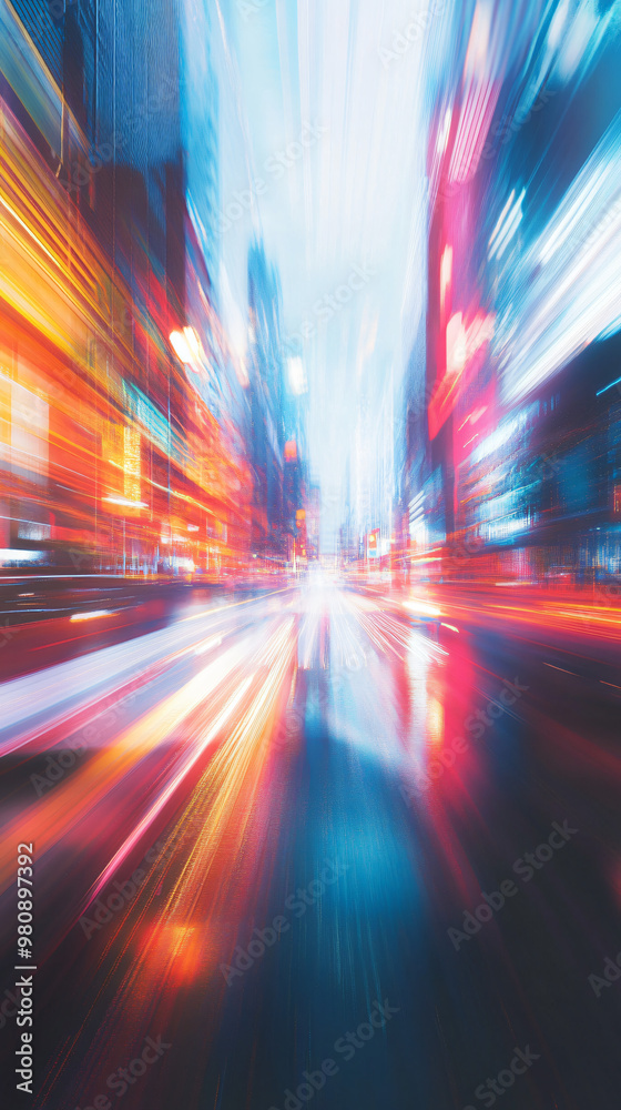 Poster nighttime in the city: a long exposure capturing light trails from passing cars and reflections on t
