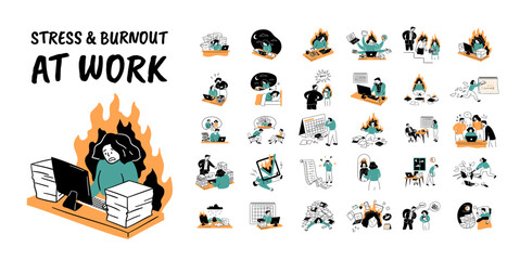 Cartoon Color Stress and Burnout at Work Concept Set Flat Design Style. Vector illustration of Scenes with Exhausted Women, Men and Mental Overload