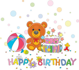 Happy birthday card with a funny toy teddy bear, a fancy holiday cake, a striped ball and sweets, vector cartoon illustration isolated on a white background