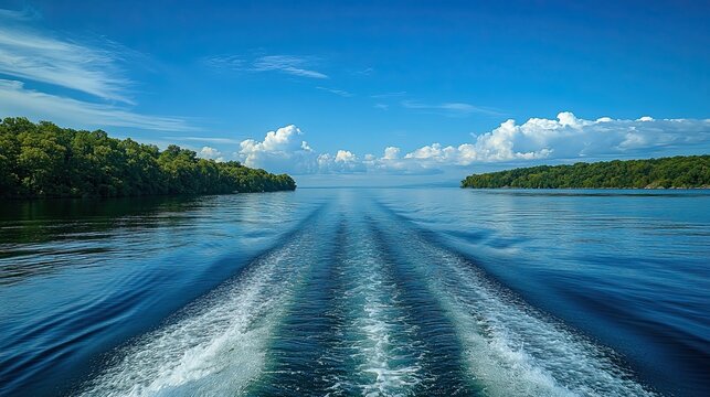 A boat leaves a white wake trail on calm blue water, flanked by lush green trees on either side, beneath a bright blue sky with clouds.
