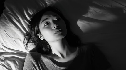 An Asian woman lies in bed, gazing blankly upward, her surroundings shadowy and dark, representing feelings of despair and isolation