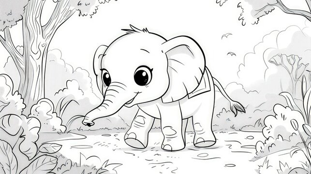 Cute baby elephant standing in a forest, perfect for coloring pages or children's books.