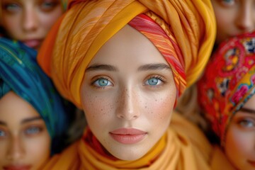 Obraz premium Vibrant Portrait of Women with Colorful Headwraps and Freckled Faces