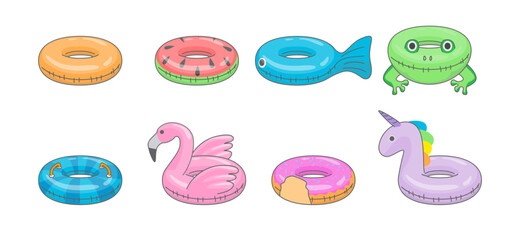 Cartoon Color Summer Pool Rubber Ring Set Concept Flat Design Style. Vector illustration of Inflatable Ring for Swimming