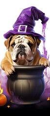 A whimsical bulldog dressed as a witch, perched in a cauldron, perfect for Halloween-themed decorations and fun pet photography.