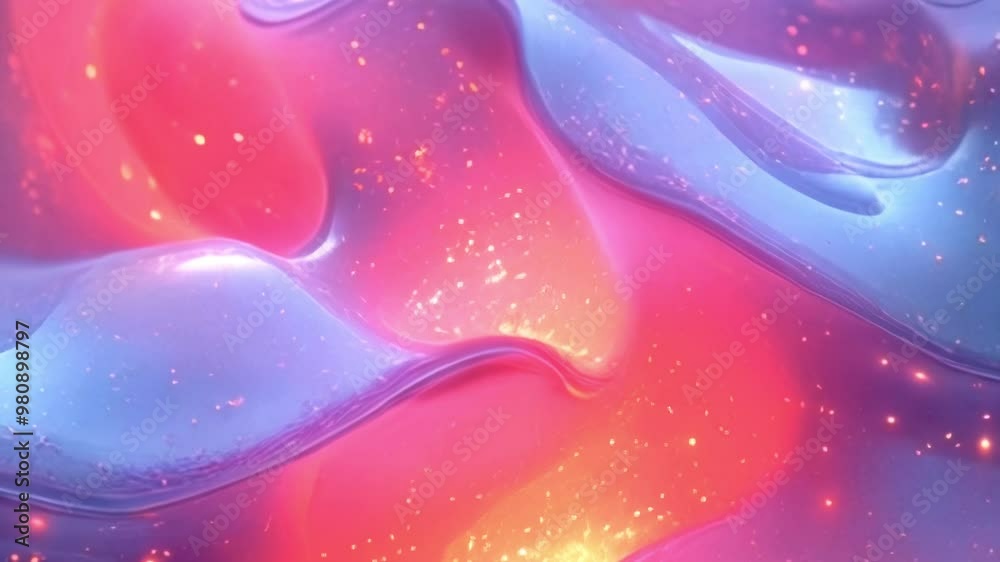 Poster An undulating abstract flow resembling a thick, glowing liquid with smooth transitions from blue to pink and orange. Vibrant lighting effects highlight flowing organic shapes in a futuristic style