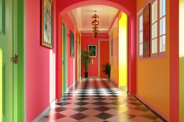 The hallway of a house with a colorful retro theme. Retro theme home interior