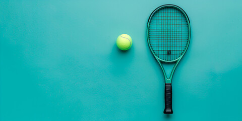 Tennis Racket and Ball on Green Background