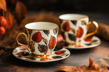 Fototapeta premium porcelain teacups with golden handles and autumn leaf designs on saucers